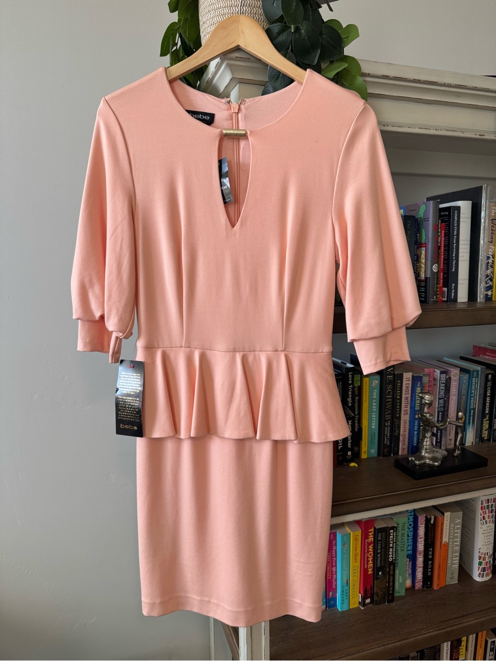 bebe Peach/Blush Peplum Sheath Dress with Gold Accent